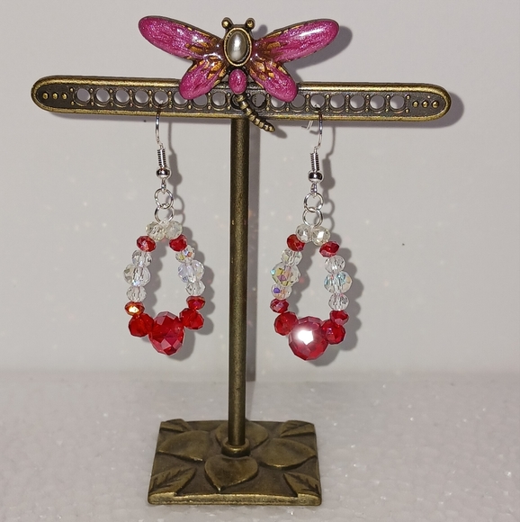 New, Hand-made Crystal Earrings Red & clear crystals, SS ear wires - Picture 1 of 2